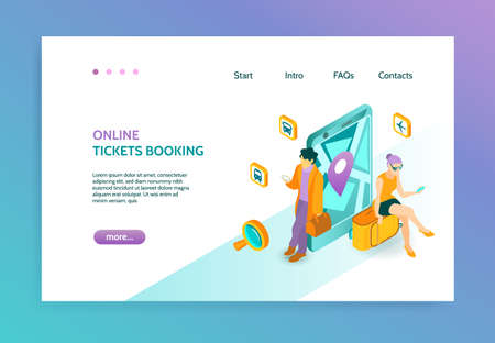 Online booking isometric landing page with people who book tickets with help of gadgets vector illustrationのイラスト素材