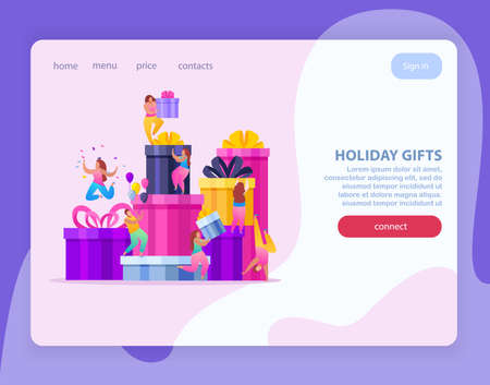 People with gifts flat web site background with composition of colorful gift boxes and clickable links vector illustrationのイラスト素材