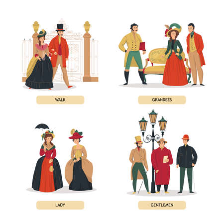18th 19th century old town fashion compositions set with text and human characters of aristocratic...