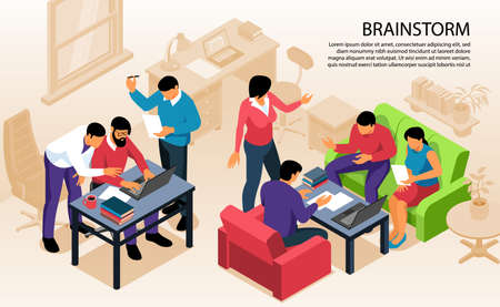 Teamwork collaboration bringing creative ideas forward isometric composition of brainstorming team members against pale office background vector illustrationのイラスト素材