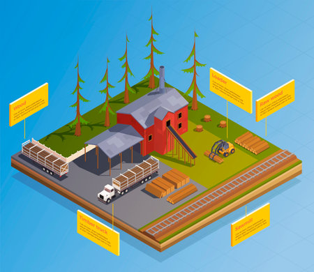 Sawmill timber mill lumberjack isometric infographics with view of forest landmark with buildings vehicles and railway vector illustrationのイラスト素材