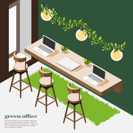 Green office isometric background room with green walls grass wooden table and chairs vector illustrationのイラスト素材