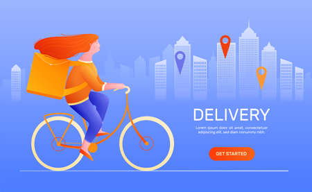 Courier delivery flat composition illustrated  young woman with food box on her back riding bike at city background vector illustrationのイラスト素材