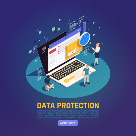Privacy data protection gdpr isometric background with read more button editable text and laptop with people vector illustrationのイラスト素材