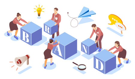 Brand building blocks teamwork ideas launch symbols isometric composition with loudspeaker paper airplane light bulb vector illustrationのイラスト素材