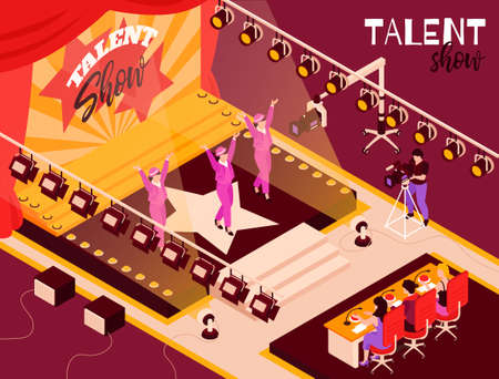Talent show dance group contestants in pink performing onstage in spotlights before judges isometric composition vector illustrationのイラスト素材