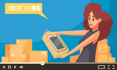 Woman video blogger unboxing package with tablet live cartoon vector illustrationのイラスト素材