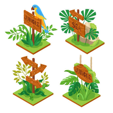 Isometric jungle wooden sign set of four isolated engraved boards with jungle plants on blank background vector illustrationのイラスト素材