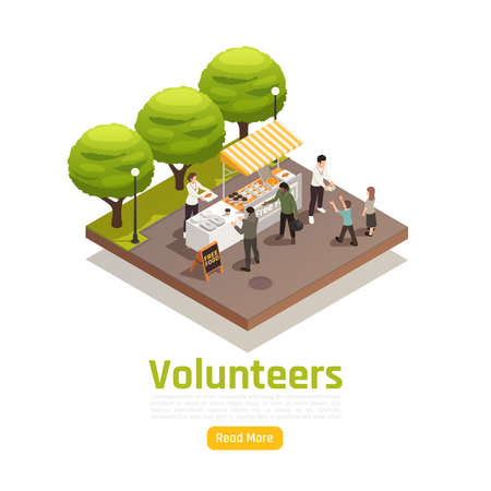 Charity donation volunteering isometric background with read more button editable text and outdoor food sharing composition vector illustrationのイラスト素材