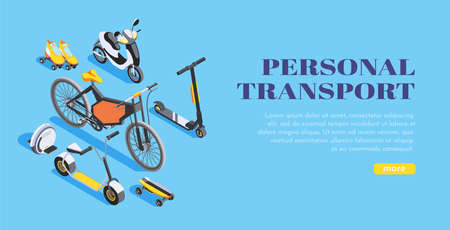 Isometric personal transport bike scooter mono-cycle skateboard roller skates on blue background 3d...