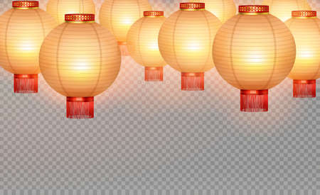 Chinese lanterns realistic transparent background with yellow round air balloon on transparent fond vector illustrationのイラスト素材