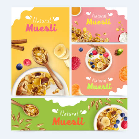 Realistic muesli set with banners of different size and orientation with food images and ornate text vector illustrationのイラスト素材