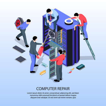 Isometric composition with specialists from computer repair service 3d vector illustrationのイラスト素材