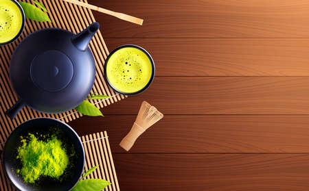 Matcha tea realistic composition with top view of wooden table with tea set cups and powder vector illustrationのイラスト素材