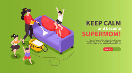 Super mom household isometric colorful web banner with 3 active little kids mother vacuuming sofa vector illustrationのイラスト素材