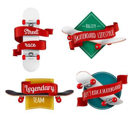 Skateboards emblems realistic set with sport inventory decorated with red ribbons vector illustrationのイラスト素材
