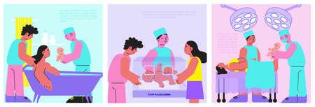 Childbirth set of three flat backgrounds square banners with maternity hospital situation images and editable text vector illustrationのイラスト素材