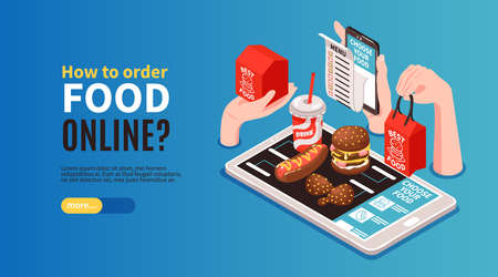 Isometric delivery food horizontal banner with images of fastfood meal on top of smartphone with text vector illustrationのイラスト素材