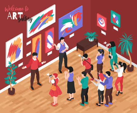 Isometric art gallery composition with indoor exhibition scenery paintings on wall curators and visitors with photographers vector illustrationのイラスト素材