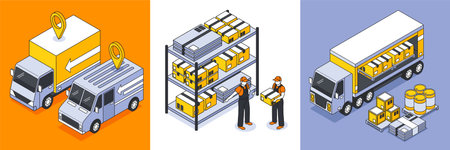 Isometric logistics design concept with images of boxes on warehouse racks with cargo trucks and vans vector illustrationのイラスト素材