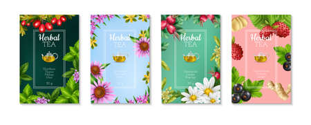 Set of four colorful realistic posters with herbal tea types ingredients and weight isolated vector illustrationのイラスト素材