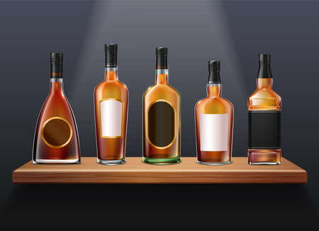 Brandy cognac whiskey set of realistic glass bottles of different shape on wooden shelf with labels vector illustrationのイラスト素材