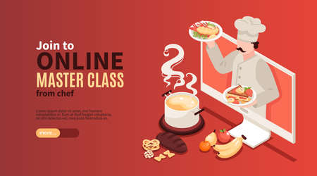 Isometric cooking school blog horizontal banner with character of cook on computer screen with editable text vector illustrationのイラスト素材