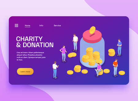 Charity donation volunteering isometric landing page with text clickable links buttons and coin jar with people vector illustrationのイラスト素材