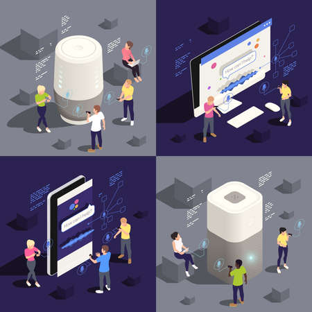 Smarthome voice assistant concept 4 isometric compositions with users giving commands smartphone laptop pc apps vector illustrationのイラスト素材