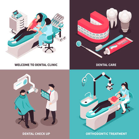 Isometric dantist design concept with 2x2 set of dental clinic compositions with dentist characters and equipment vector illustrationのイラスト素材