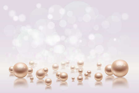 Realistic pearls background composition with images of pearl beads of different size and blurred flare lights vector illustrationのイラスト素材