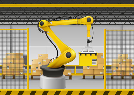 Robotic arm realistic background with logistics and warehouse symbols vector illustrationのイラスト素材