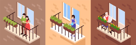 Neighbors square icons set with windows symbols isometric isolated vector illustrationのイラスト素材