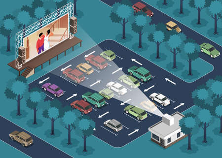 Isometric open air cinema composition with view of outdoor parking and cars with screen projecting movie vector illustrationのイラスト素材