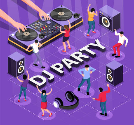 Isometric dj flowchart composition with characters of dancers icons of loudspeakers and hands of disk jockey vector illustrationのイラスト素材
