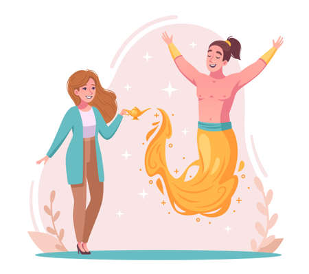 Genie spirit concept with wish and magic symbols cartoon vector illustrationのイラスト素材