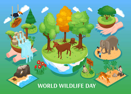 World wildlife day isometric background with cartoon animals of forest jungle Savannah and ocean vector illustrationのイラスト素材