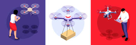 Isometric drone design concept with set of square compositions with remote quad copters remotely controlled by people vector illustrationのイラスト素材