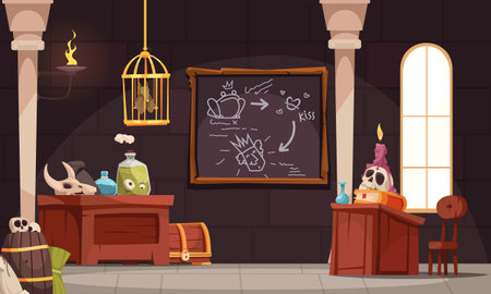 Magic school composition with indoor interior view of fantasy class with skulls candles and potion jars vector illustrationのイラスト素材