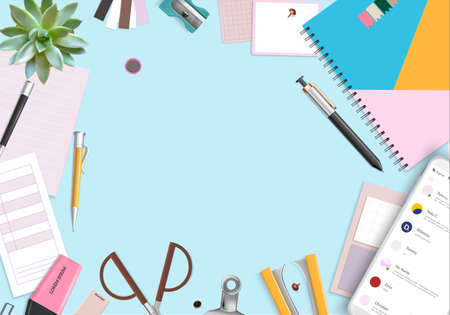 Office items background with organizer pen and houseplant realistic vector illustrationのイラスト素材