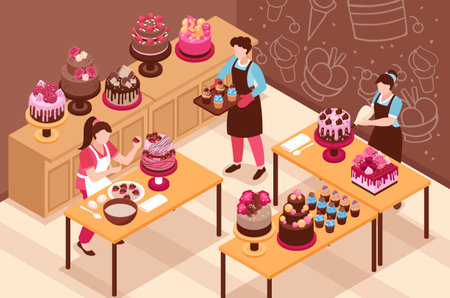 Homemade cake isometric background with women decorating prepared desserts by creme and berries vector illustrationのイラスト素材