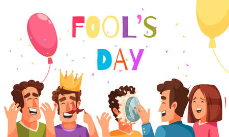 Fools day composition with editable text and doodle characters of laughing people with balloons and confetti vector illustrationのイラスト素材