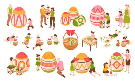 Easter isometric color icons set of children painting big eggs together with their parents and grandparents isolated vector illustrationのイラスト素材