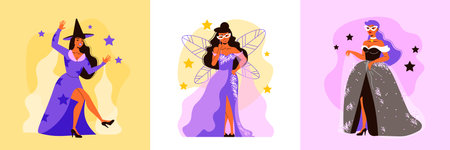 Carnival design concept with three square compositions with female characters of fairy in dress with stars vector illustrationのイラスト素材