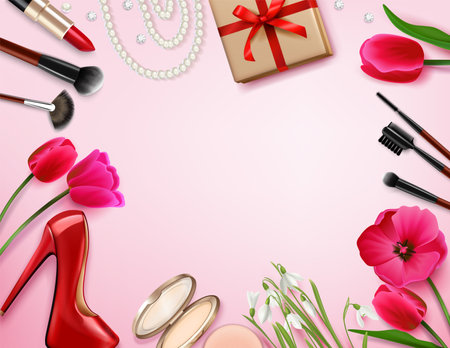 8 march womans day composition with empty pink space surrounded by flowers cosmetic products and gifts vector illustrationのイラスト素材