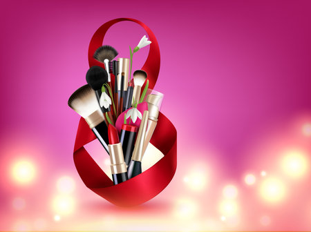 8 march womans day composition with realistic images of eight shaped ribbon with flowers cosmetic brushes vector illustrationのイラスト素材