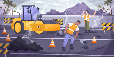 Road repair flat composition with two workers repairing a hole in the asphalt vector illustrationのイラスト素材