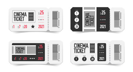 Realistic empty ticket cinema set with isolated images of coupons with printed barcode and seat number vector illustrationのイラスト素材