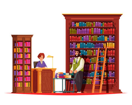 Old library book composition with tall wooden cabinet racks and doodle characters of librarian with employee vector illustrationのイラスト素材