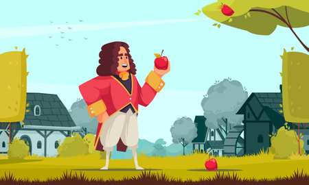 Famous scientist newton composition with outdoor scenery and doodle character in vintage outfit holding an apple vector illustrationのイラスト素材